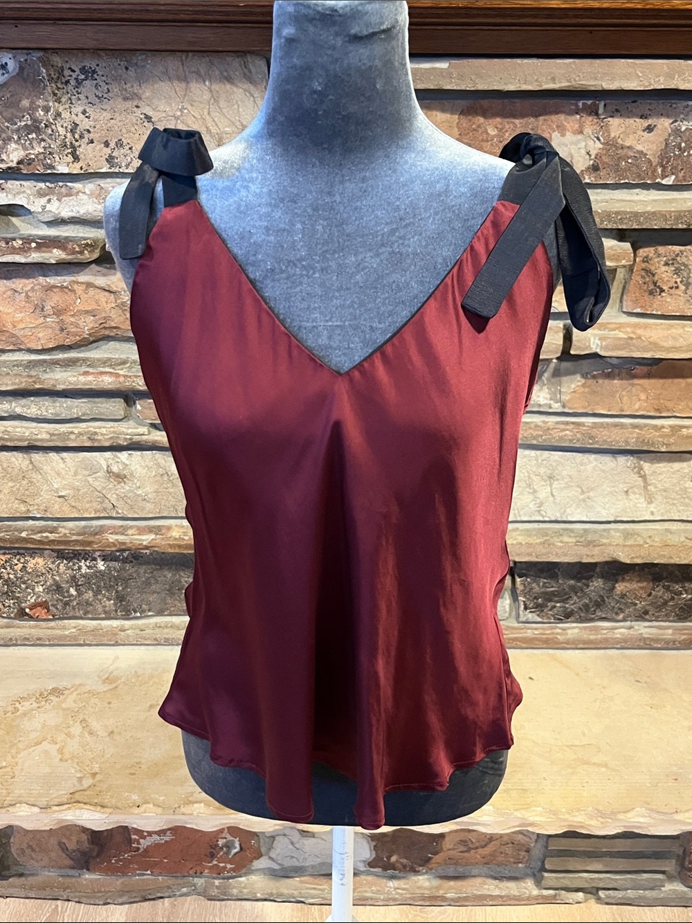 Heidi Merrick Caraco Satin Burgundy Tie-Shoulder Cami Top